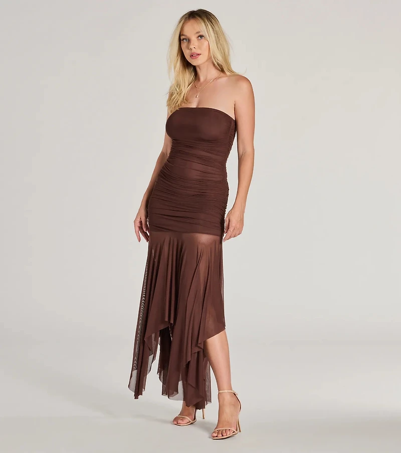 Sheer Perfection Ruched Maxi Mesh Tube Dress
