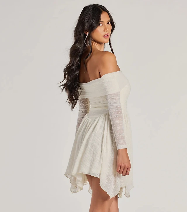 off shoulder skater dress white Kaiia exclusive double layered slinky drape detail fitted waist mini in Its petite proportions ensure the perfect fit for smaller frames Windsor Darling Off-Shoulder Skater Dress