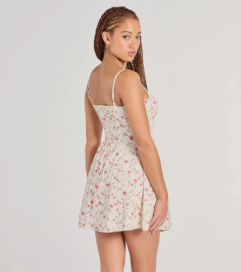 Flirty Romance Corset Lace-Up Floral A-Line Mini Dress