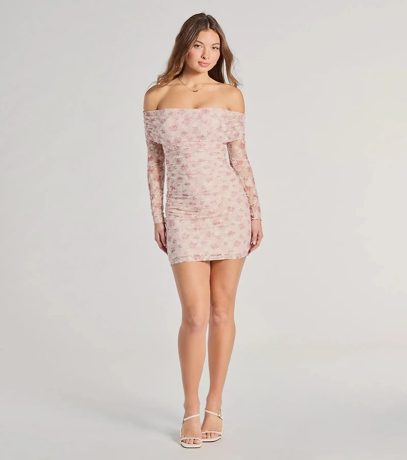 The Garden Off-The-Shoulder Floral Mesh Mini Dress
