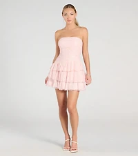 Lovely Nights Strapless Lace Ruffle Skater Dress
