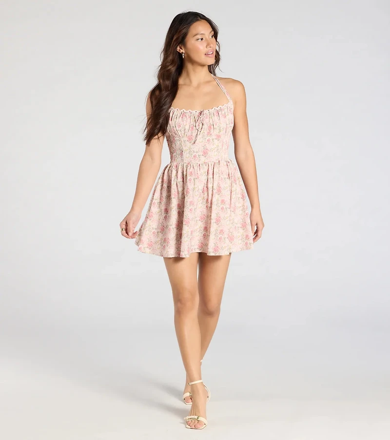 Twirling Beauty Halter Floral Skater Dress