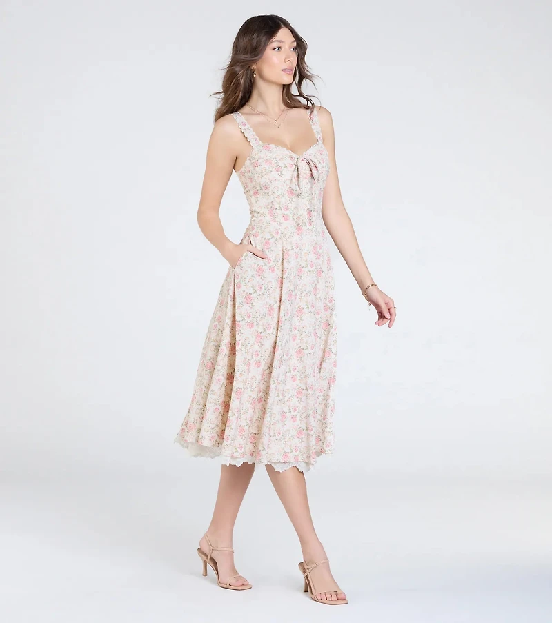 Captivating Blooms Corset A-Line Floral Midi Dress