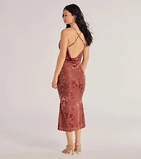 Charming Muse Open Back Flocked Velvet Midi Dress