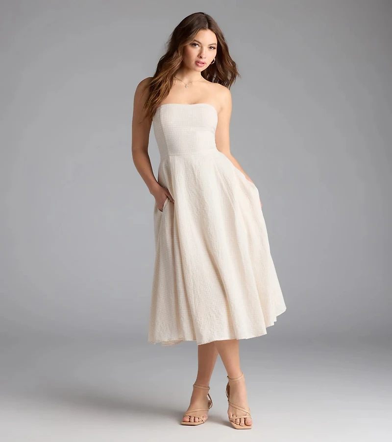 Love's A Picnic Strapless Gingham A-Line Midi Dress