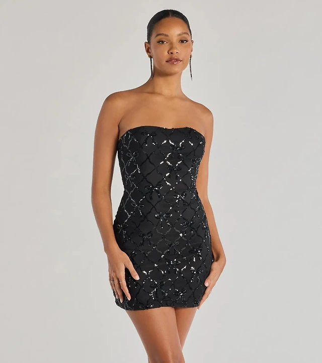 Windsor Cutest Style Sequin Bow Strapless Lace-Up Mini Dress at Foxvalley Mall in Aurora, IL Windsor Cutest Style Sequin Bow Strapless Lace-Up Mini Dress at Foxvalley Mall in Aurora, IL