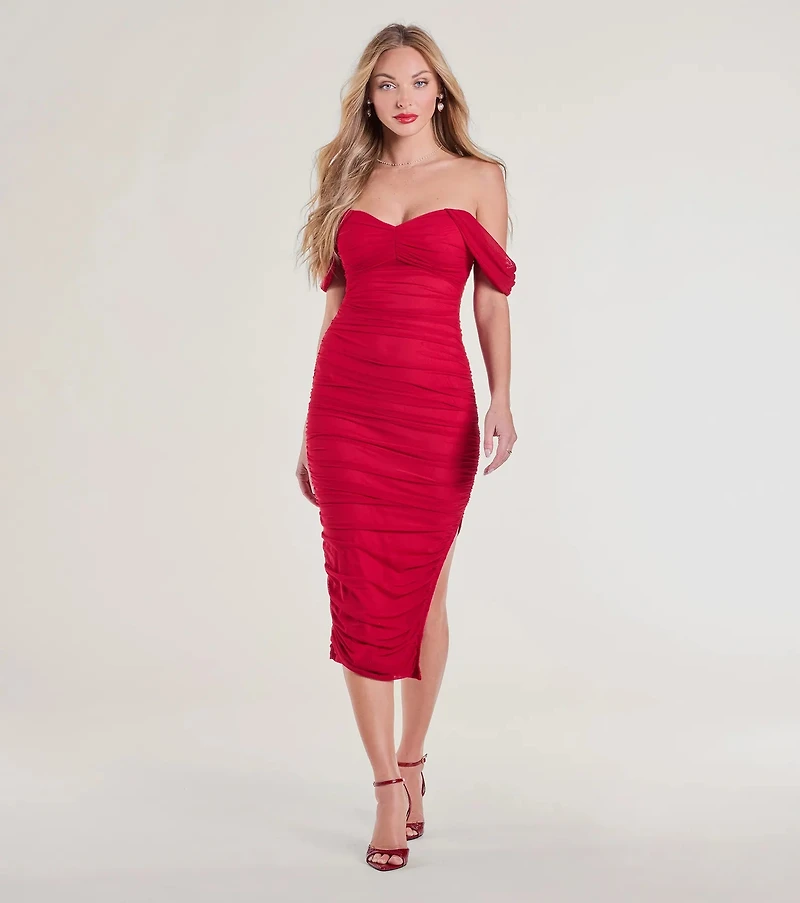 Can't Help It Mesh Off-The-Shoulder Midi Dress