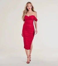 Can't Help It Mesh Off-The-Shoulder Midi Dress