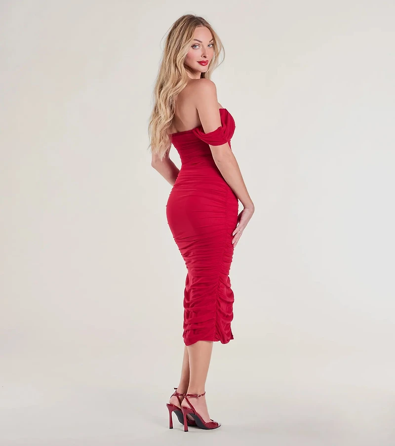 Can't Help It Mesh Off-The-Shoulder Midi Dress