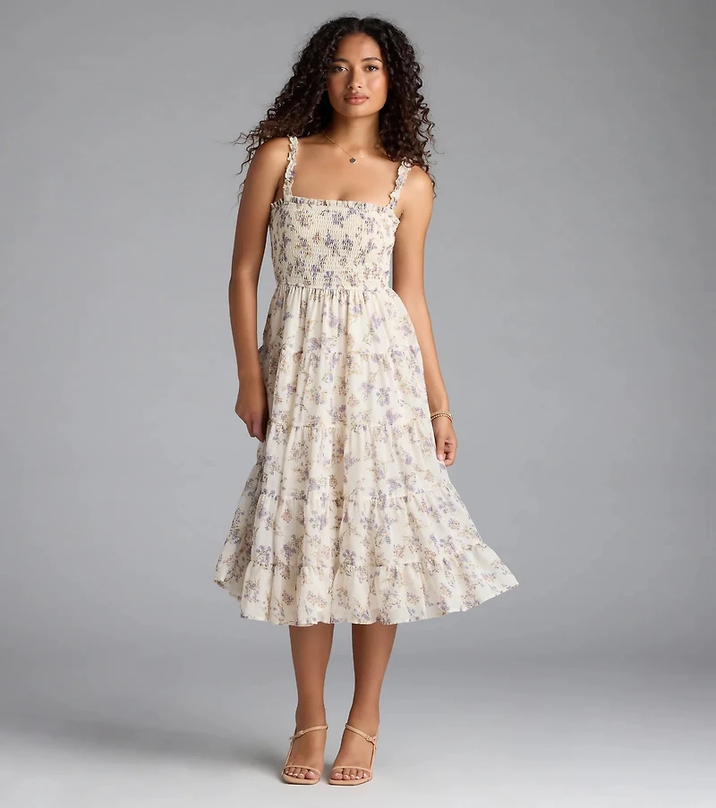 Effortless Love Ruffled Floral Chiffon Midi Dress