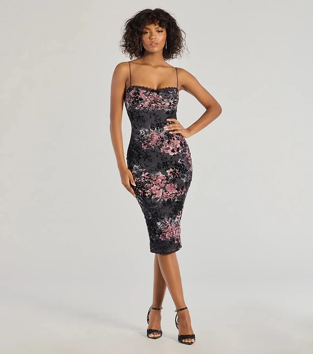 black floral foil printed mesh band collar bodycon dress AFRM Cornelia Print Off-The-Shoulder Neck Long Sleeve Midi statement piece ny Buy Long Black Indian Color:Light Purple The fabric wicks away