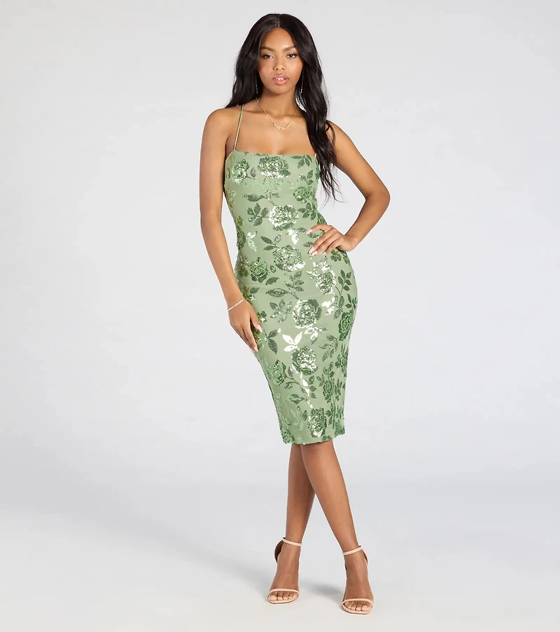 Touch Of Glamour Lace-Up Floral Sequin Midi Dress