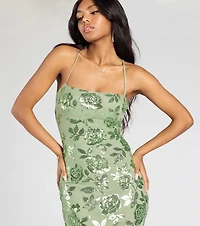 Touch Of Glamour Lace-Up Floral Sequin Midi Dress