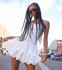 Always Sunny Strapless Ruffle Eyelet Mini Dress