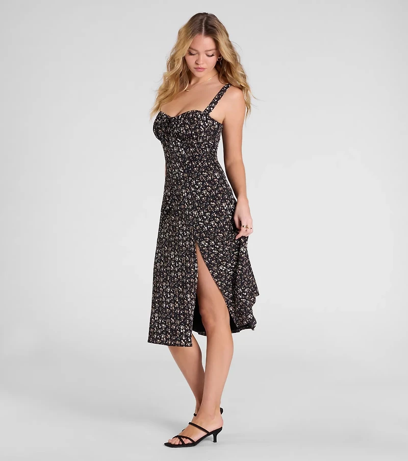 Thriving Blooms Corset Floral Slit Midi Dress