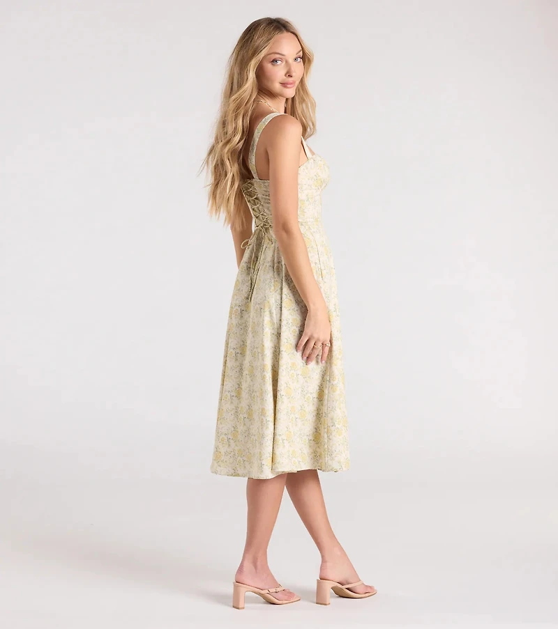 Pretty Day Corset Floral Midi Dress With Pockets