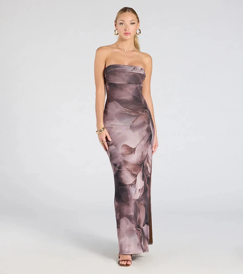 Major Energy Strapless Floral Mesh Maxi Dress