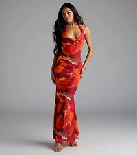 Island Style Tropical Halter Mesh Maxi Dress