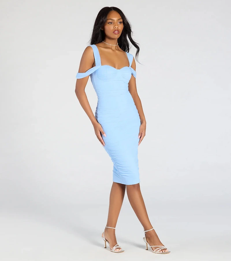 Looking Fab Cold-Shoulder Ruched Bodycon Midi Dress