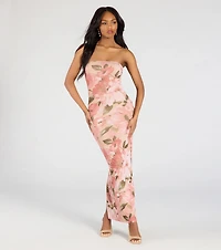 Major Beauty Floral Satin Strapless Maxi Dress