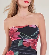 Bold Bloom Floral Mesh Strapless Bodycon Mini Dress