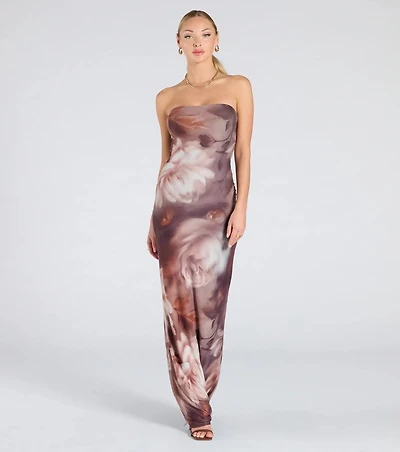 Make Your Debut Strapless Abstract Mesh Maxi Dress