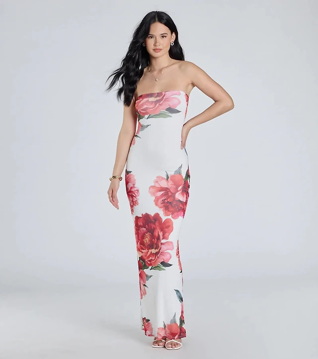 white christmas dresses Pink Strapless Floral Chiffon Gown with Ruched Detail