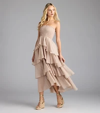 Breezy As Can Be Strapless Ruffled Midi Dress