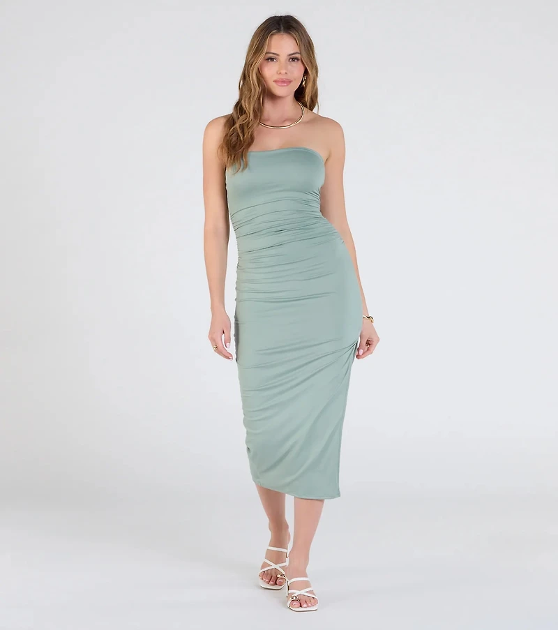 Casually Sultry Strapless Bodycon Midi Dress