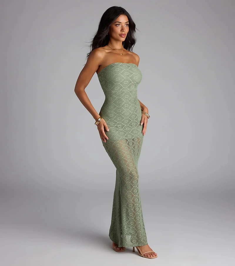 Wanting More Strapless Lace Knit Maxi Dress