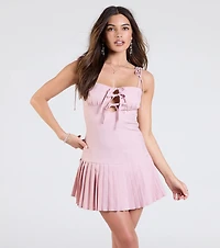 Simply Cute Tie-Front Pleated Mini Dress