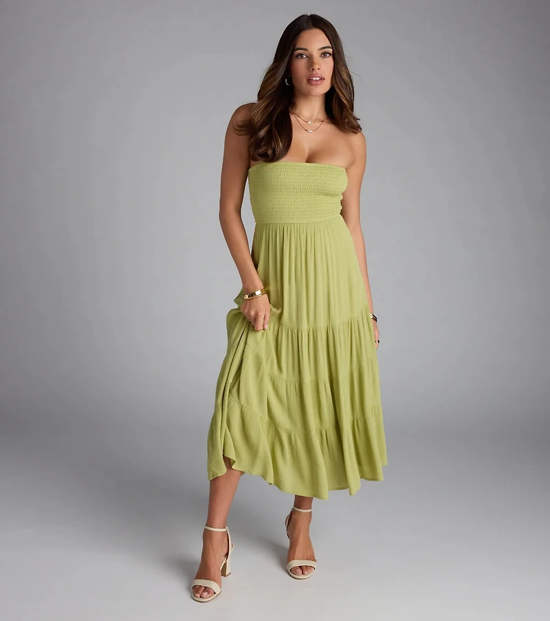 Breezy Summer Strapless Tiered Midi Dress