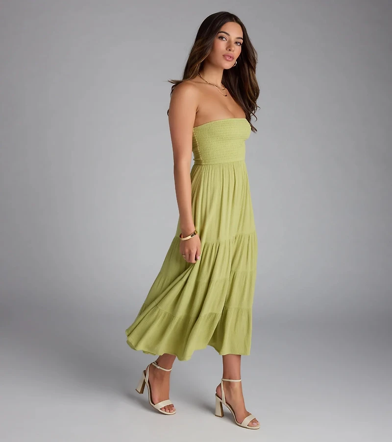 Breezy Summer Strapless Tiered Midi Dress