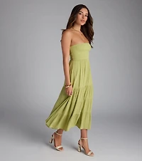 Breezy Summer Strapless Tiered Midi Dress