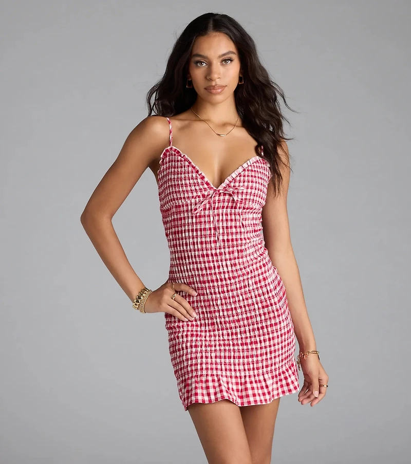 Girly Gingham Print Ruffled Mini Dress