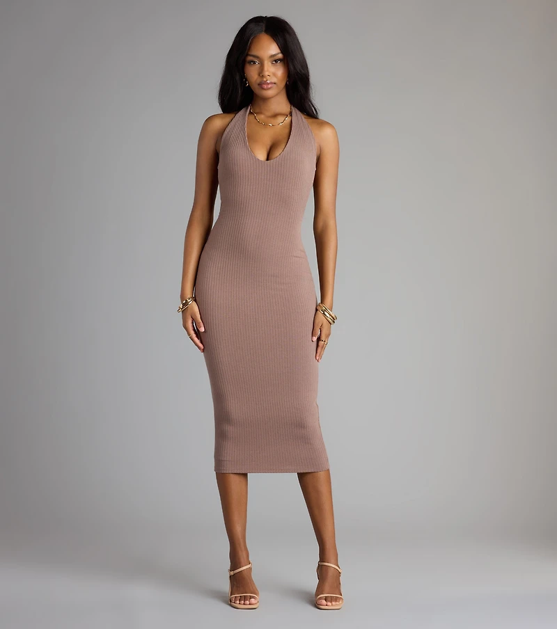 Chic Cutie Ribbed Knit Halter Midi Dress