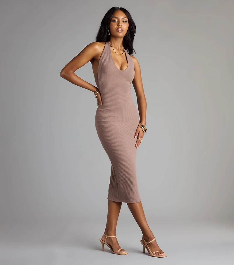 Chic Cutie Ribbed Knit Halter Midi Dress