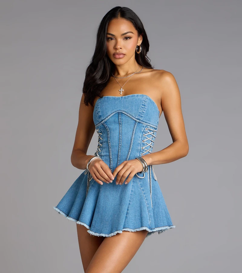 Laced Denim Strapless Mini Dress