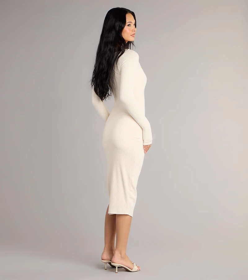 Cozy Allure Long Sleeve Slit Midi Dress