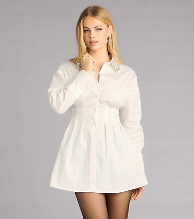Prep School Princess Rhinestone Collar Shirt Dress