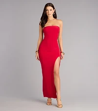 Sleek Fit Strapless High Slit Maxi Dress