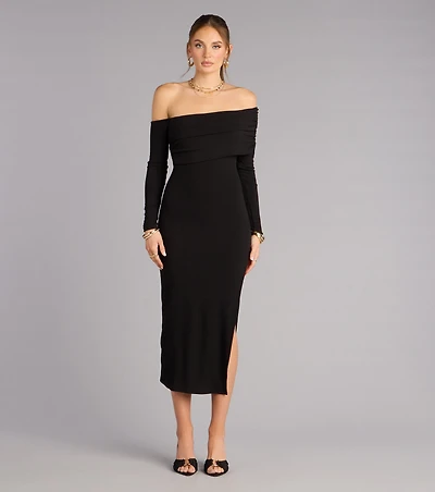 Sweep Me Away Ribbed Off Shoulder Midi Dress