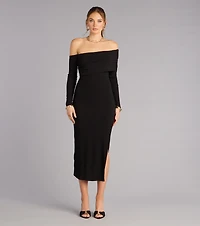 Sweep Me Away Ribbed Off Shoulder Midi Dress