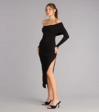 Sweep Me Away Ribbed Off Shoulder Midi Dress