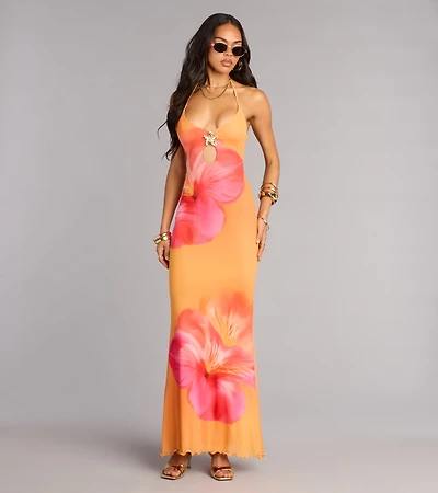 Getaway Mood Tropical Floral Halter Maxi Dress