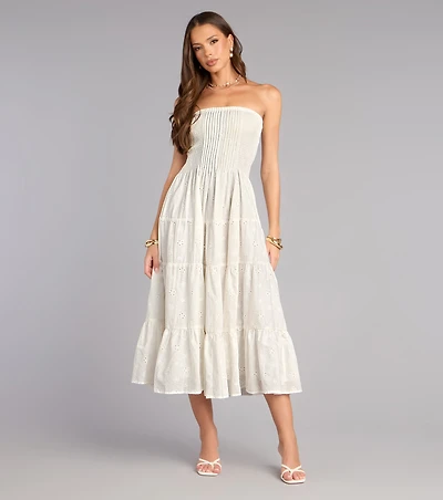 Daytime Vibe Floral Eyelet Strapless Midi Dress
