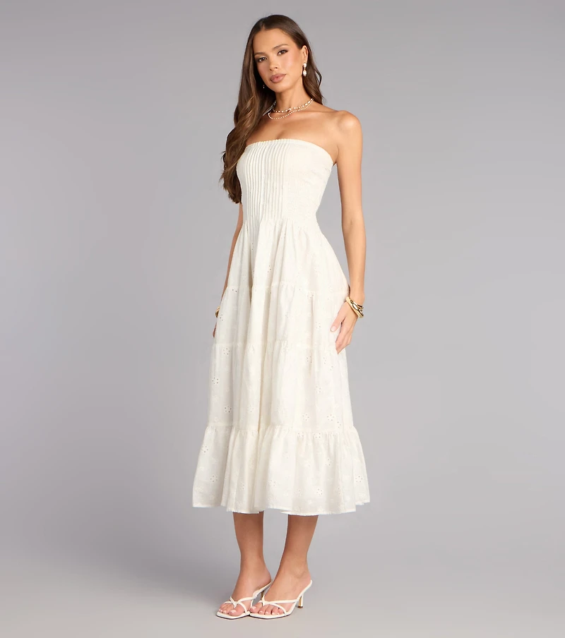 Daytime Vibe Floral Eyelet Strapless Midi Dress