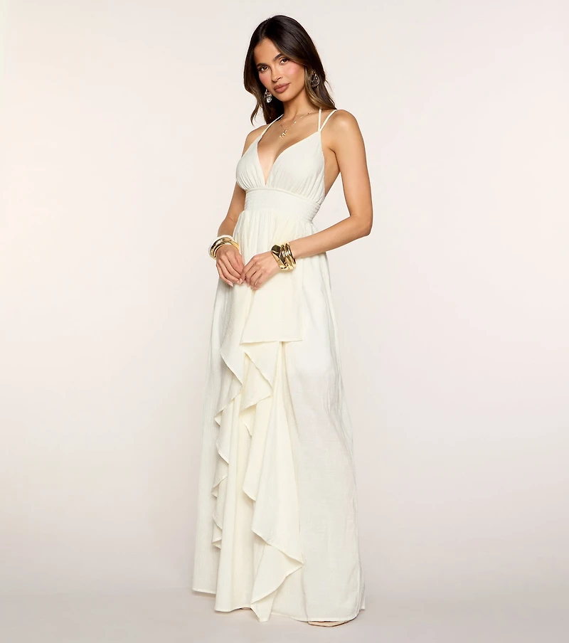 Soft Cascade Ruffle A-Line Maxi Dress