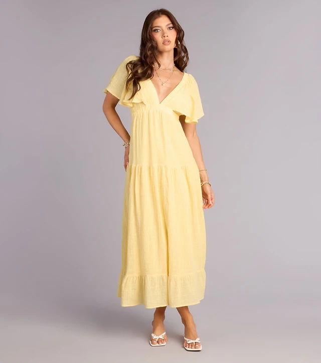 flutter sleeve satin maxi dress abercrombie Abercrombie & Fitch Flutter Sleeve Satin Maxi Dress