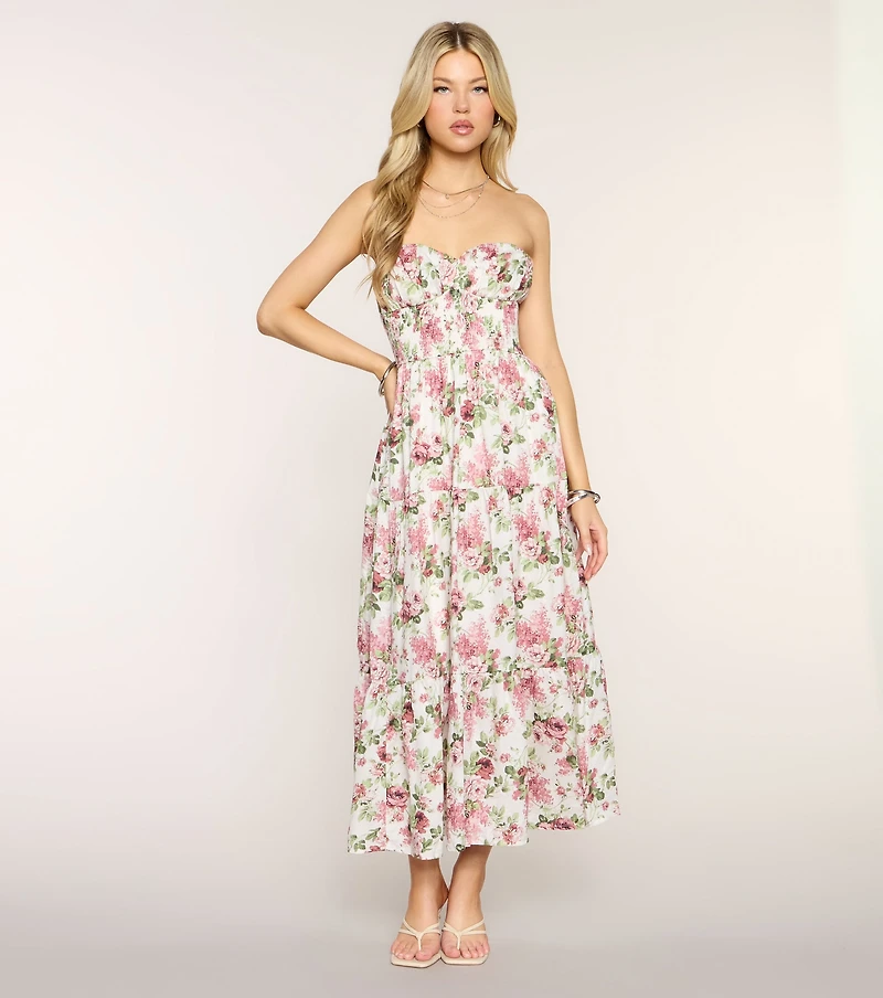Fresh Cut Florals Strapless Midi Dress